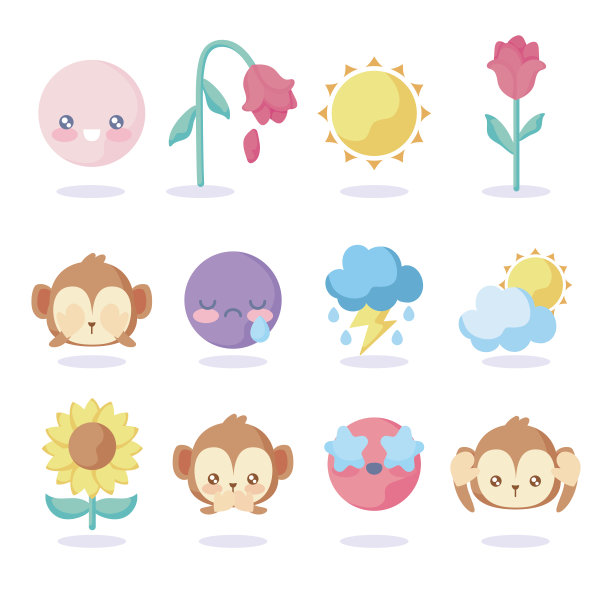 可爱的猴子和表情符号设置在粉红色的背景，平的风格图片下载