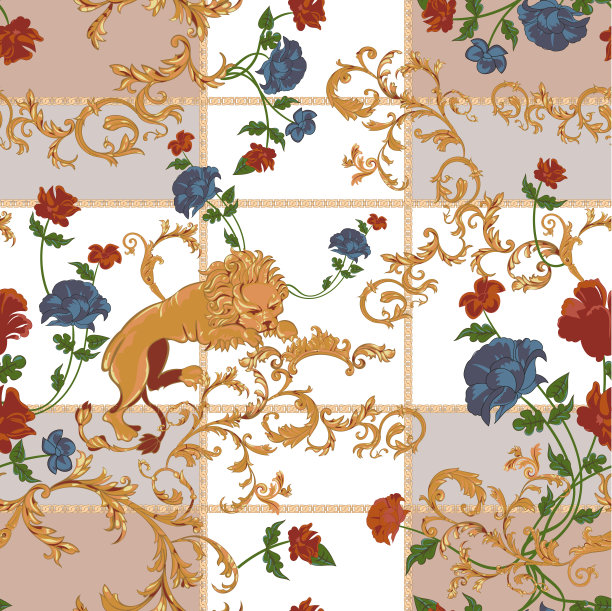 巴洛克式狮子、链条和花朵的无缝图案。矢量花补丁打印图片下载