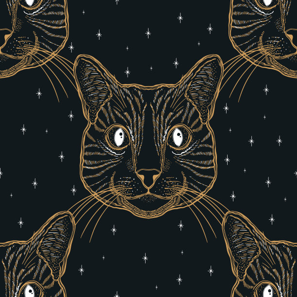 无缝模式的猫。神秘的神奇的动物。肖像脸，头，手绘复古风格。线条艺术水墨图片下载