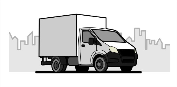 向量白色卡车在城市的背景，建筑物的轮廓，城市景观的线，三分之二的视图。汽车广告模板。小卡车。图片下载