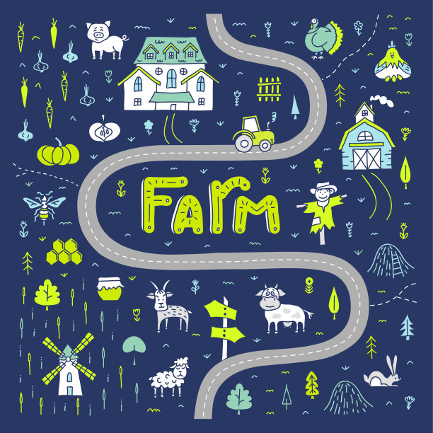 手绘卡通农场地图。一个带有字母的村庄的抽象平面图。向量。图片下载