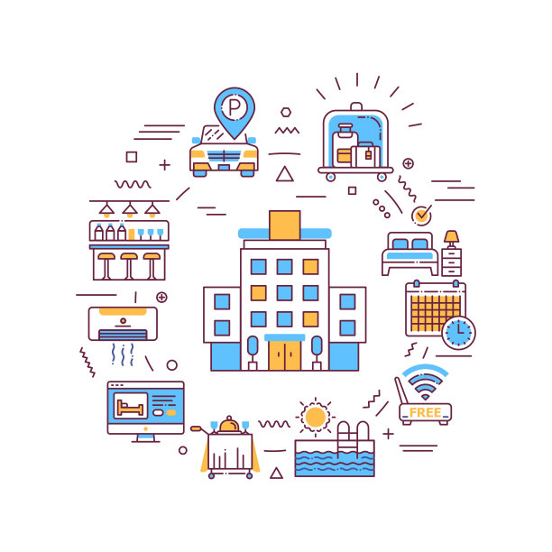 酒店服务网页横幅。为客人准备的设施。酒店度假村。预订apartament。红色背景上有线性图标的信息图。创意概念孤立的轮廓颜色插图图片下载