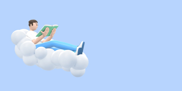 文学迷，一个年轻人在天空在云上读一本书。有趣的，抽象的卡通人物在粉红色的背景上。3 d渲染。图片下载