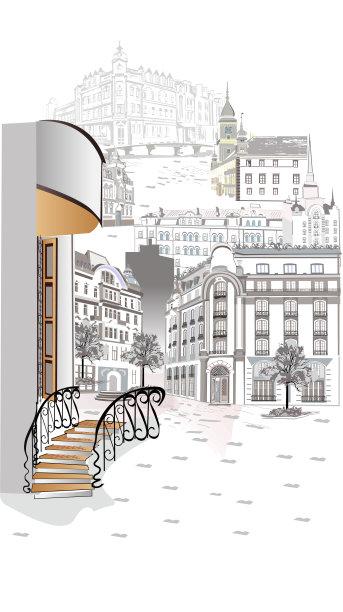 一系列的背景装饰着鲜花，老城区的景色和街道咖啡馆。图片下载