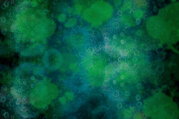 2019冠状病毒病(COVID-19)，的病原体呼吸系统，危险的病毒与人类，一个传染性病毒的微观视图。COVID-19绿色暗背景。图片下载