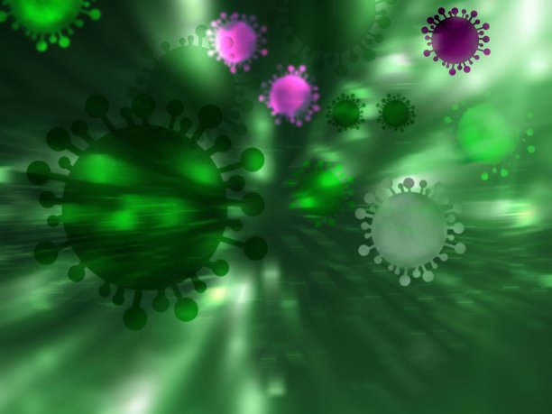 2019冠状病毒病(COVID-19)，的病原体呼吸系统，危险的病毒与人类，一个传染性病毒的微观视图。COVID-19绿色暗背景。图片下载