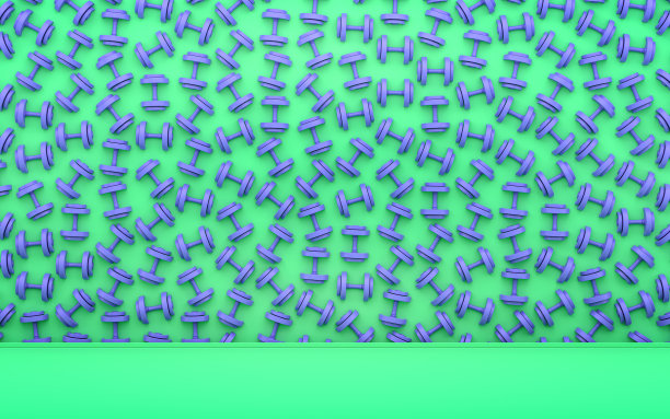 一个哑铃墙在绿色背景，纯背景，平背景，两种颜色，3d渲染图片下载