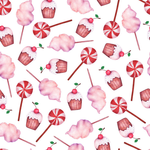 装饰手绘水彩无缝图案美味杯蛋糕，棉花糖，棒棒糖。甜蜜的插图贺卡，邀请，墙纸，包装纸，织物，纺织品，包装图片下载