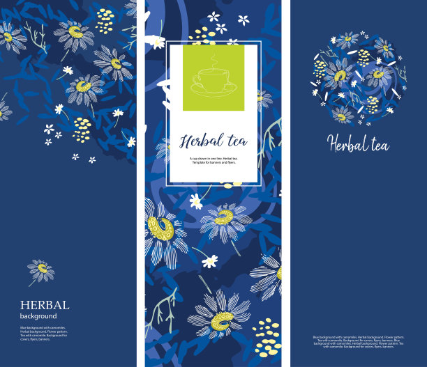 蓝色背景和甘菊。茶卡设计。草药的背景。图片下载