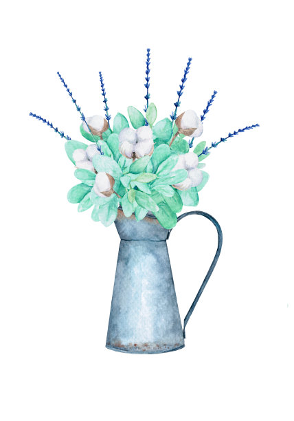 水彩插图。棉花花束放在金属花瓶里。图片下载
