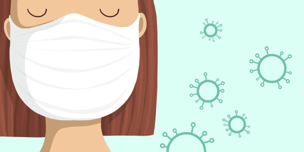 年轻女子在医疗面罩上的蓝色背景图片下载