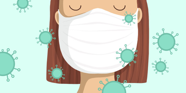 年轻女子在医疗面罩上的蓝色背景图片下载