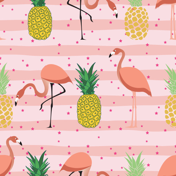 粉色条纹菠萝火烈鸟无缝图案图片下载