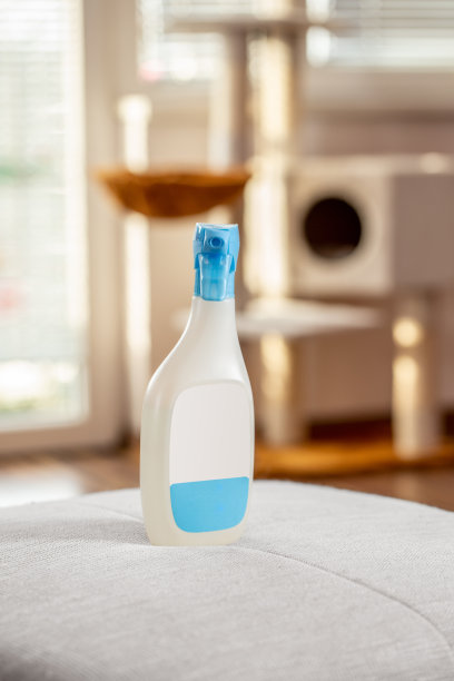 塑料喷瓶在客厅和猫的玩具在背景-库存照片图片下载