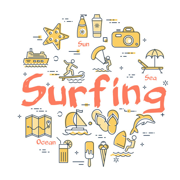 多彩的图标在夏季冲浪主题图片下载