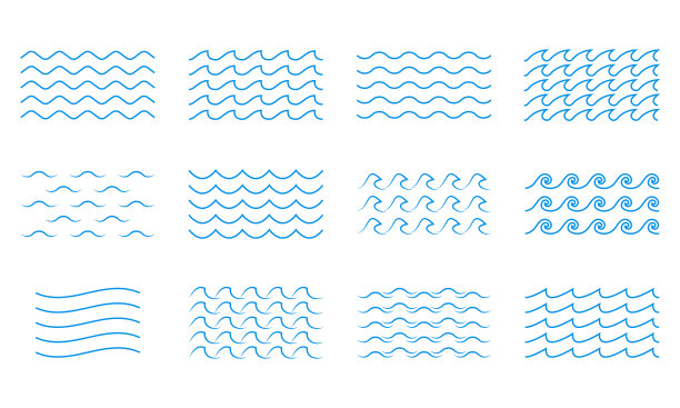 波浪线图标设置。水轮廓的象征。海和海洋标志。矢量插图。图片下载
