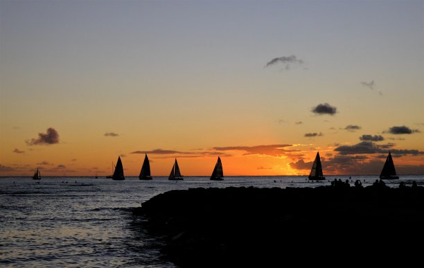 金色的威基基日落与豪树框架的照片和帆船在地平线上。图片下载