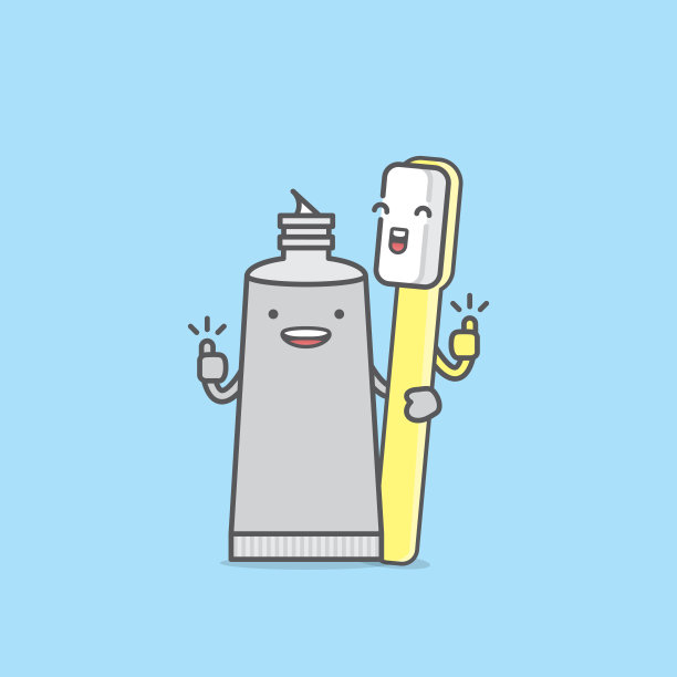 卡通的牙齿清洁帮牙膏，拇指向上的插图卡通人物矢量设计在蓝色的背景。牙科保健的概念。图片下载