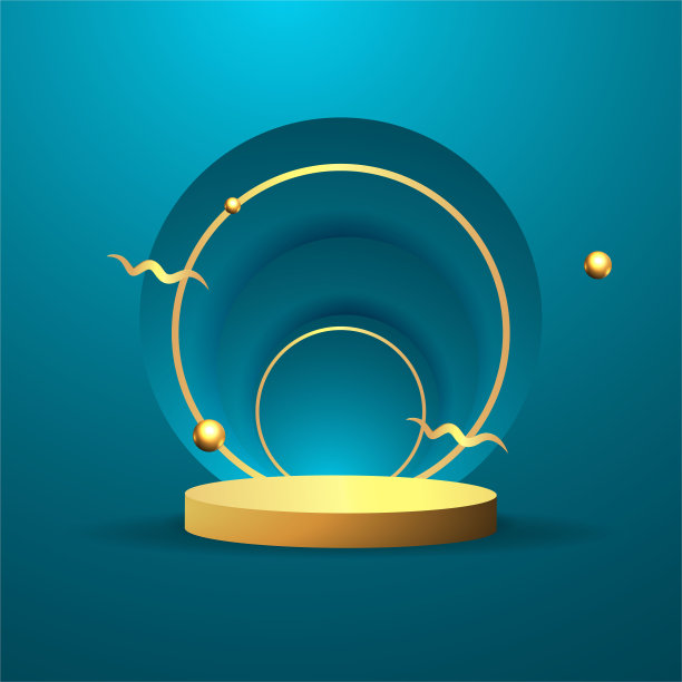 金属金色的舞台与漂浮的几何形式，圆形平台，现实的最小背景，深海蓝色的3d场景图片下载