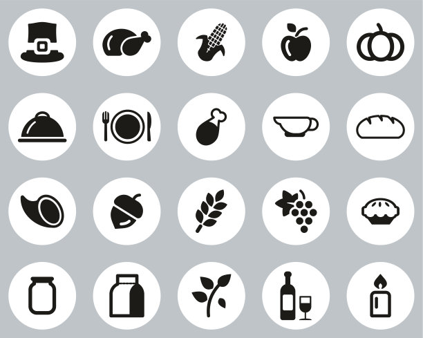 感恩节节日晚餐和传统图标黑白平面设计圈设置大图片下载