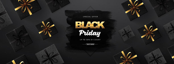 黑色星期五的促销横幅，黑色背景上有礼盒图片下载