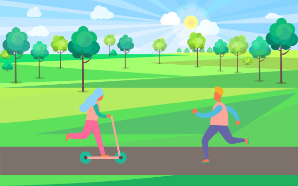 人们在公园踢踏板车和溜冰滚轴图片下载