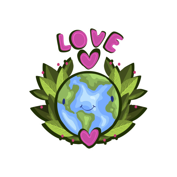 微笑的地球被绿叶包围。插图与粉红色的心和字母在卡通扁平风格。图片下载