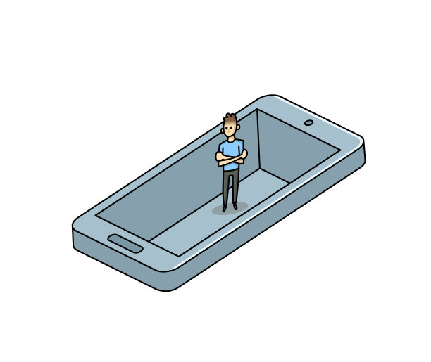 一个人被手机困在坑里了。电子产品上瘾，社交媒体依赖概念。平面矢量插图，孤立在白色背景上。图片下载