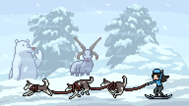 矢量像素艺术场景哈士奇滑雪图片下载