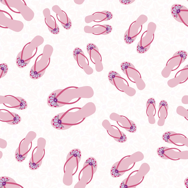 翻转鞋无缝矢量图案背景。漂亮的凉鞋与热带花装饰海滩婚礼背景。粉红色的色调。所有的印刷度假和蜜月度假概念图片下载