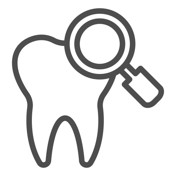 检查齿线图标。诊断法或检查法，齿形和放大镜符号，白色背景上的轮廓式象形图。牙科标志的移动概念或网页设计。矢量图形。图片下载