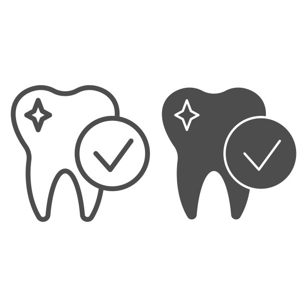 健康牙齿线和实体图标。发光齿与检查标记符号，轮廓风格象形图上的白色背景。牙科标志的移动概念和网页设计。矢量图形。图片下载