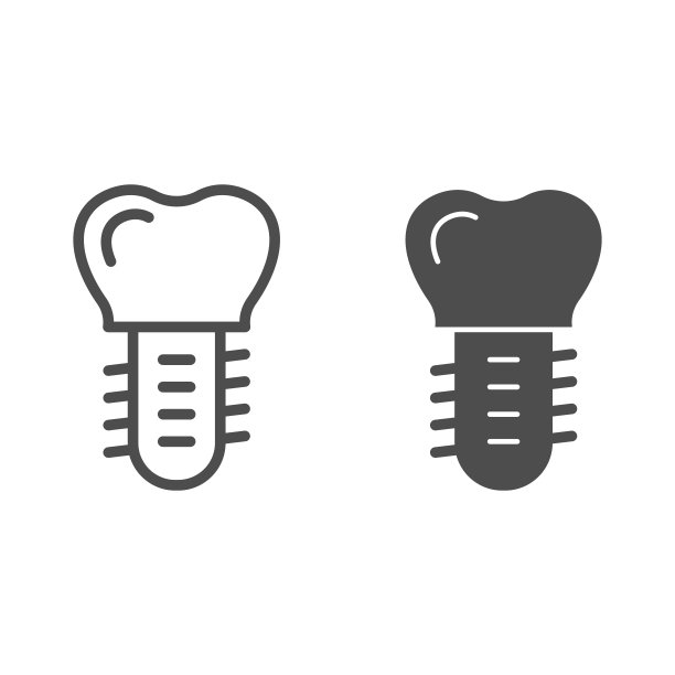 牙齿替换种植体线和实体图标。螺丝在齿符号，轮廓风格象形文字上的白色背景。牙科标志的移动概念和网页设计。矢量图形。图片下载