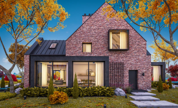 秋季傍晚池塘上现代熟料房的3d效果图图片下载