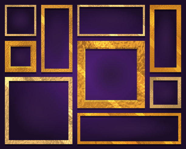 一套装饰发光的框架图片。金色奢华闪亮的边沿。迷人的风格模板。向量图片下载