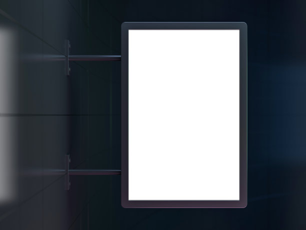 黑色的墙上挂着白色的长方形商店招牌。3 d图片下载