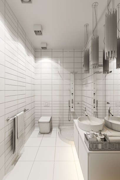 浴室的3d渲染室内设计与一个角落淋浴图片下载