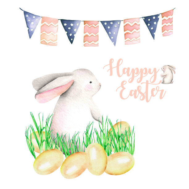 插图的水彩复活节兔子在草，鸟蛋和节日花环与旗帜，手绘孤立在白色的背景图片下载