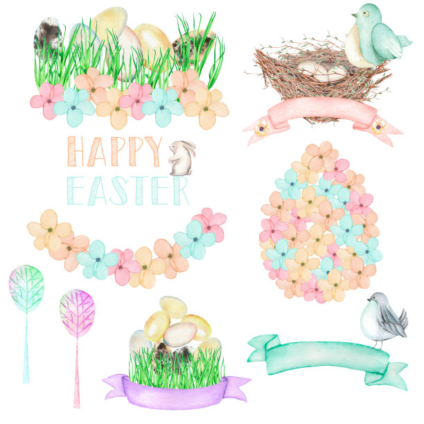 集，收集的水彩复活节插图，手绘孤立在一个白色的背景图片下载