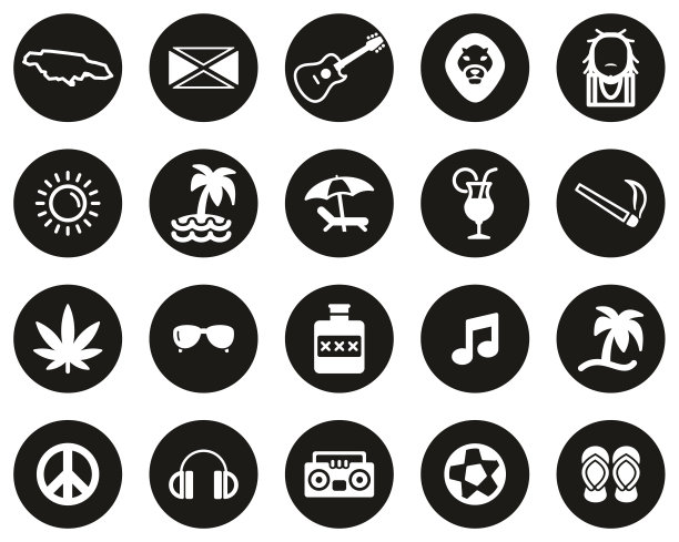 牙买加国家和文化图标白色在黑色的平面设计圈设置大图片下载