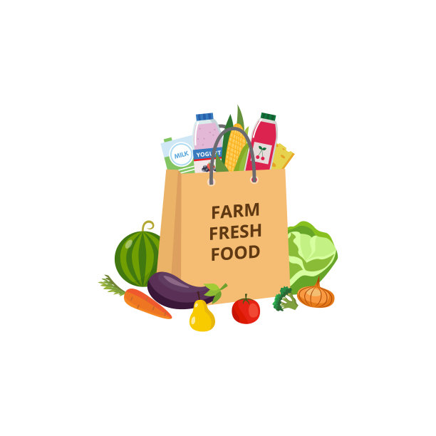 纸杂货袋农场新鲜食品图标平面矢量插图孤立。图片下载