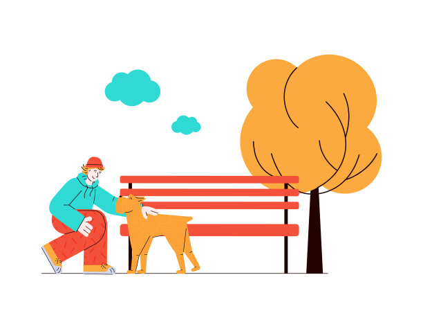 人类和狗在一起的自然-卡通宠物主人抚摸他的动物素材图片
