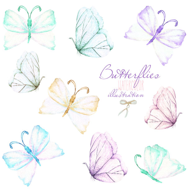 集，收集水彩温柔的蝴蝶，手画孤立在一个白色的背景图片下载