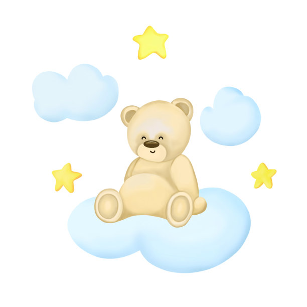 可爱的孩子插图在白色的背景。有趣的熊坐在被星星包围的云上。儿童纺织品、服装和婴儿用品。生日或宝宝派对的邀请。图片下载