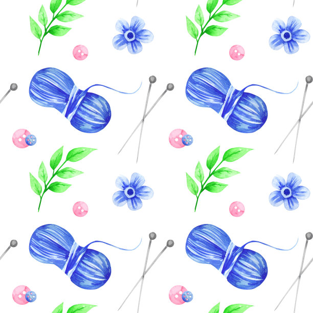 针织无缝模式。彩色图案与针织和缝纫工具在白色的背景，绘制水彩。织物墙纸印花纹理。图片下载