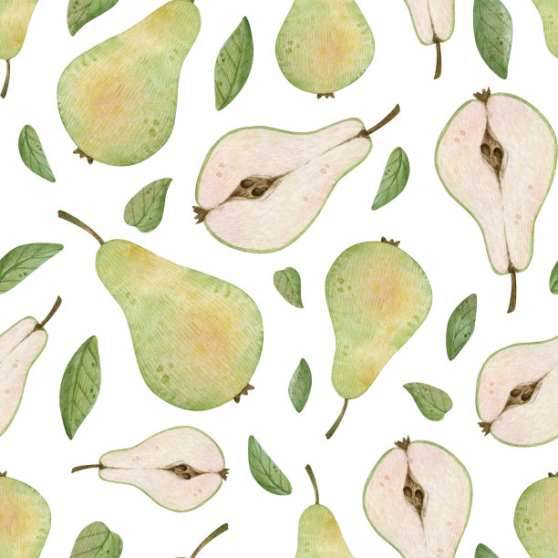 无缝水彩图案，绿色整体，切梨。素材图片