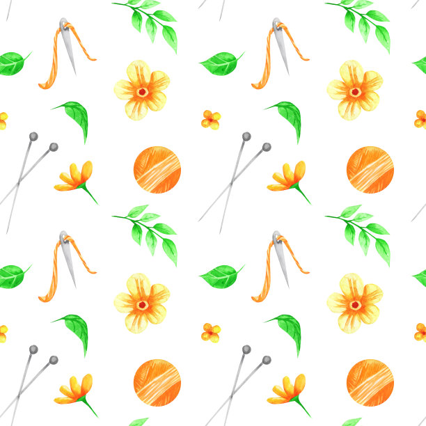 针织无缝模式。彩色图案与针织和缝纫工具在白色的背景，绘制水彩。织物墙纸印花纹理。图片下载