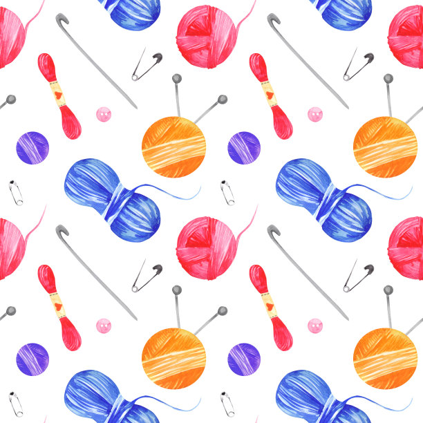 针织无缝模式。彩色图案与针织和缝纫工具在白色的背景，绘制水彩。织物墙纸印花纹理。图片下载