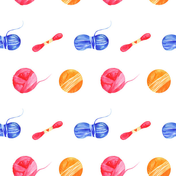 针织无缝模式。彩色图案与针织和缝纫工具在白色的背景，绘制水彩。织物墙纸印花纹理。图片下载