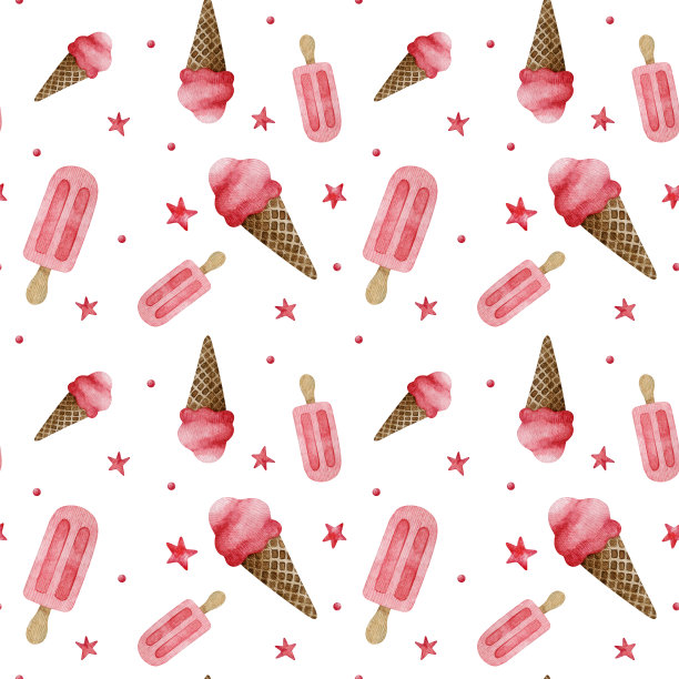 无缝水彩图案与冰淇淋。素材图片